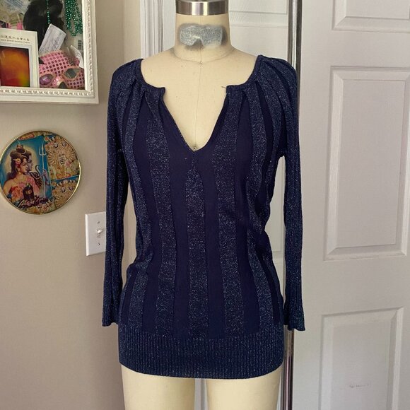 JOSEPH A Navy Blue Metallic Striped Strecthy Knit Tunic Shirt *SMALL* - Picture 1 of 5
